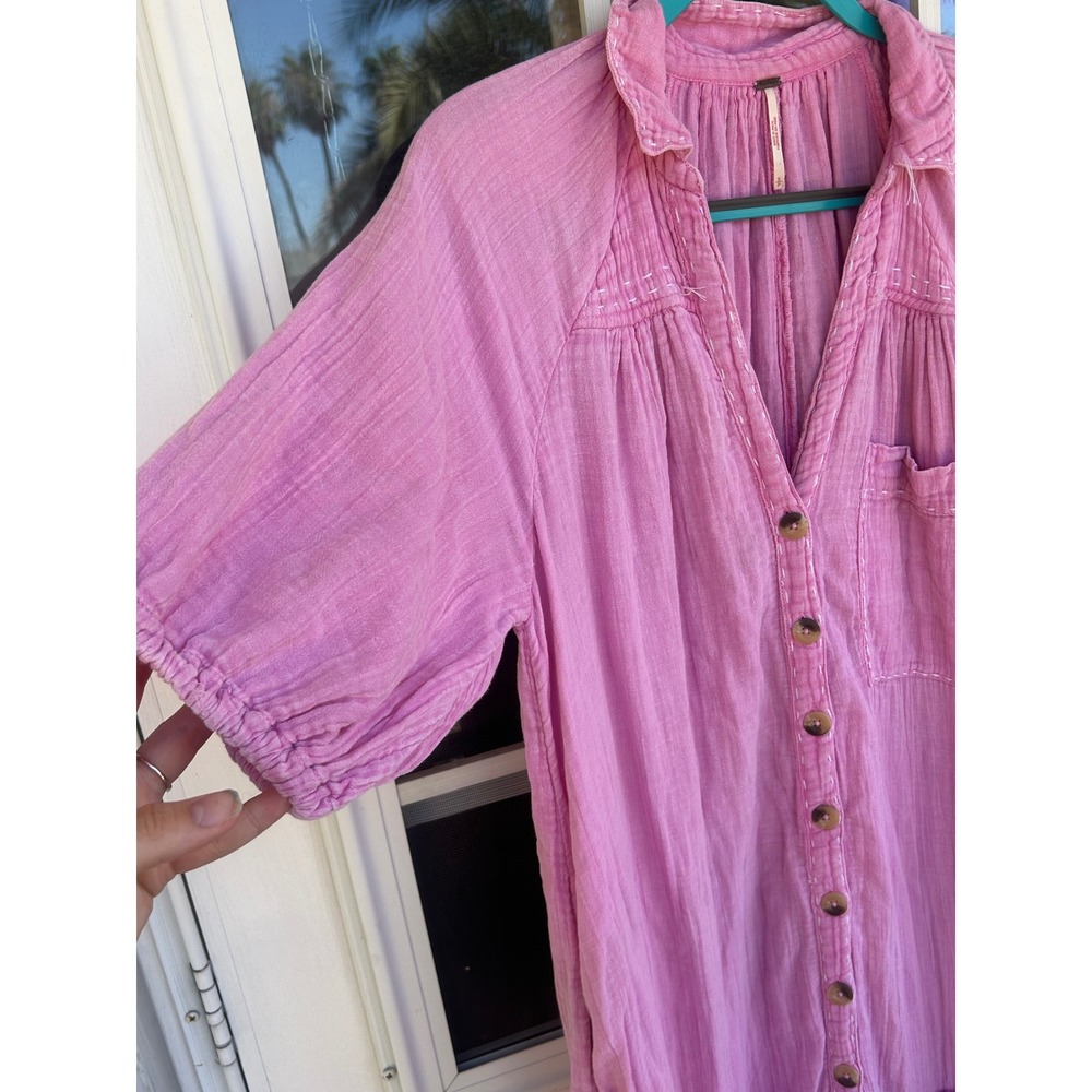 Free People Pink Gauze Dress Short Sleeve Tiered Hem Small Oversized Boho - Picture 5 of 8